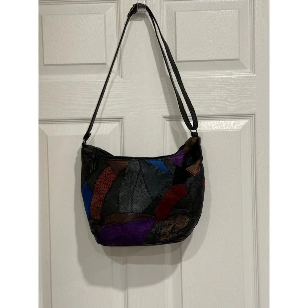 Vintage Leather Patchwork Crossbody Bag Multi Color Textured Hobo Shoulder Bag